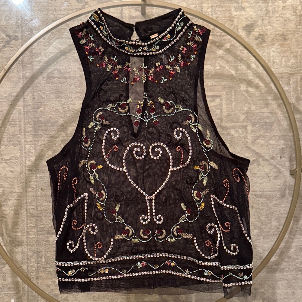 Free People Embroidered Sheer Black Sleeveless Top - Picture 1 of 4